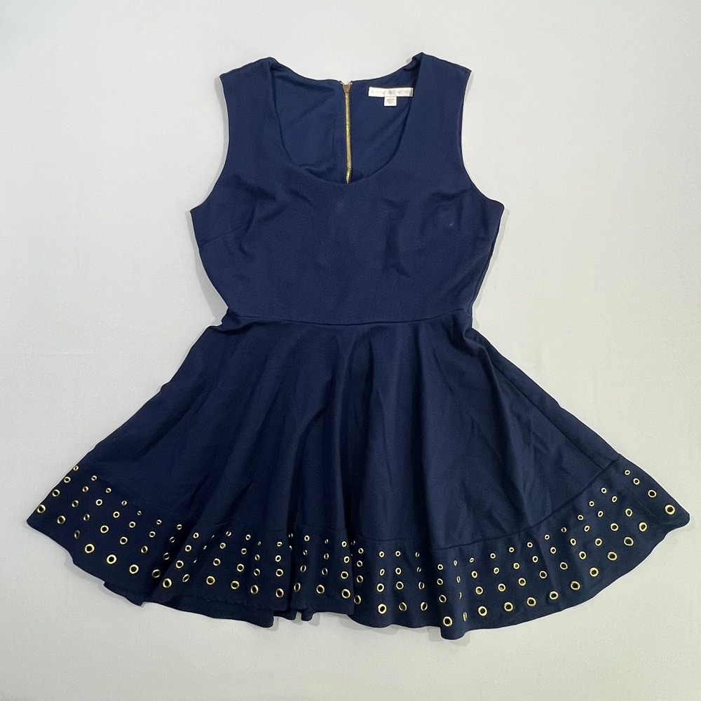 Boston Proper Dress 14 Navy Blue Fit Flare Grommet Hem Sleeveless Ponte Gold Zip
